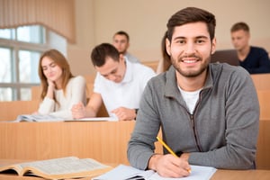 Un hombre joven tomando apuntes en su agenda.