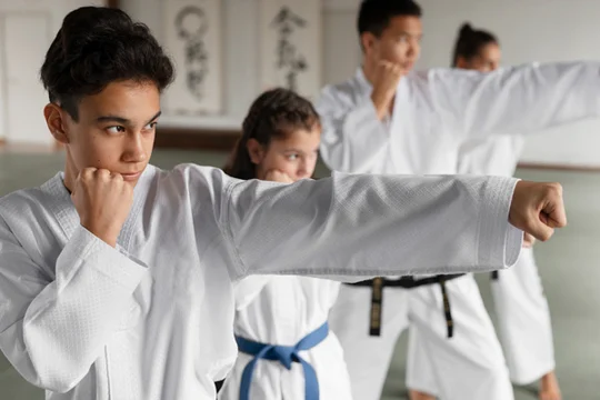 Jóvenes en su practica de Taekwondo